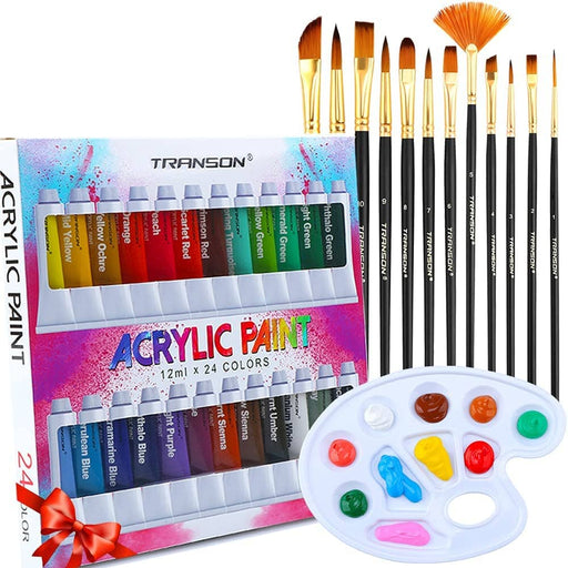 Transon Acrylic Paint Set 24-color with 12 Paint Brushes and Palette Non-toxic for Canvas Craft Rock Art Painting Acrylic Paint TRANSON 