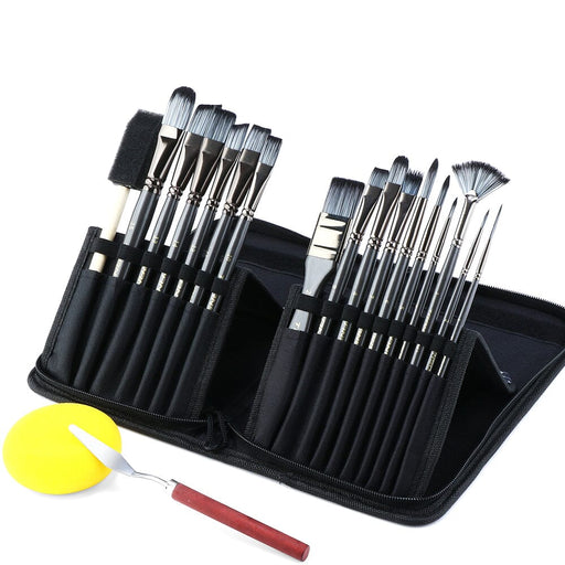 Transon 20pcs Artist Paint Brush Kit with 17 Paint Brushes and 1 Sponge 1 Spatula and 1 Brush Case for Oil, Acrylic, Watercolor, Gouache Face Craft