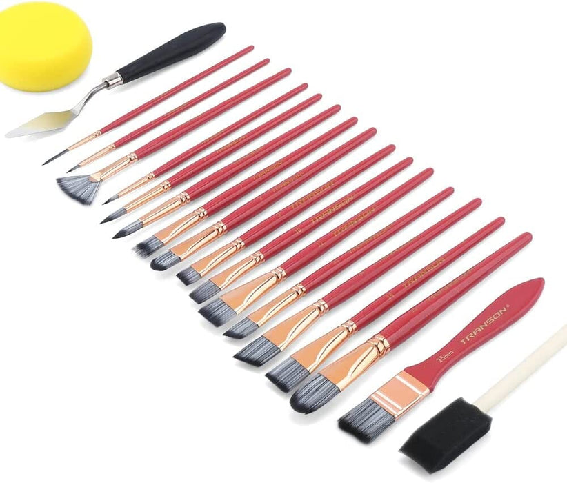 Transon Art Paint Brush Kit 16 Paint Brushes with Foam Brush Sponge Spatula and Brush Case for Oil, Acrylic, Watercolor, Gouache, Painting Pink Color Paintbrush TRANSON 