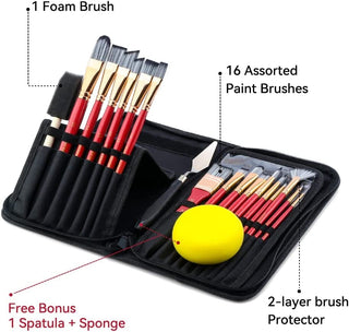 Transon Art Paint Brush Kit 16 Paint Brushes with Foam Brush Sponge Spatula and Brush Case for Oil, Acrylic, Watercolor, Gouache, Painting Pink Color Paintbrush TRANSON 