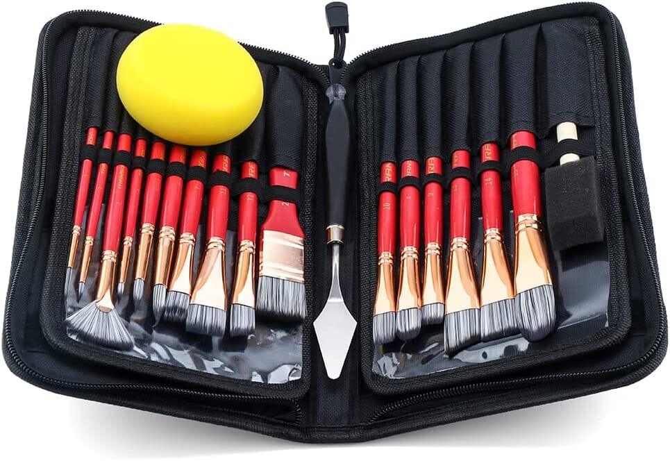 Transon Art Paint Brush Kit 16 Paint Brushes with Foam Brush Sponge Spatula and Brush Case for Oil, Acrylic, Watercolor, Gouache, Painting Pink Color Paintbrush TRANSON 