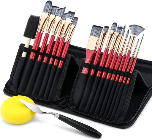 Transon Art Paint Brush Kit 16 Paint Brushes with Foam Brush Sponge Spatula  and Brush Case for Oil, Acrylic, Watercolor, Gouache, Painting Pink Color