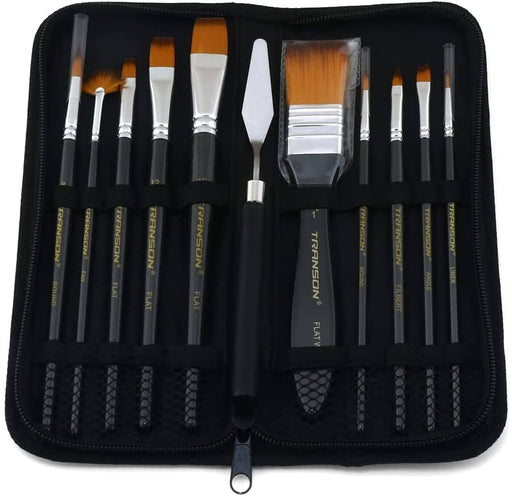 Transon Art Paint Brush Kit 16 Paint Brushes with Foam Brush Sponge Spatula  and Brush Case for Oil, Acrylic, Watercolor, Gouache, Painting Black